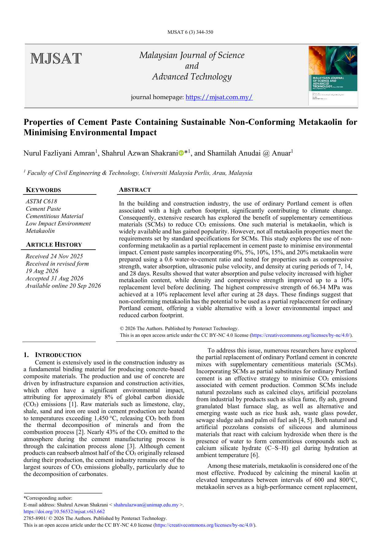 Properties of Cement Paste Containing Sustainable Non-Conforming Metakaolin for Minimising Environmental Impact