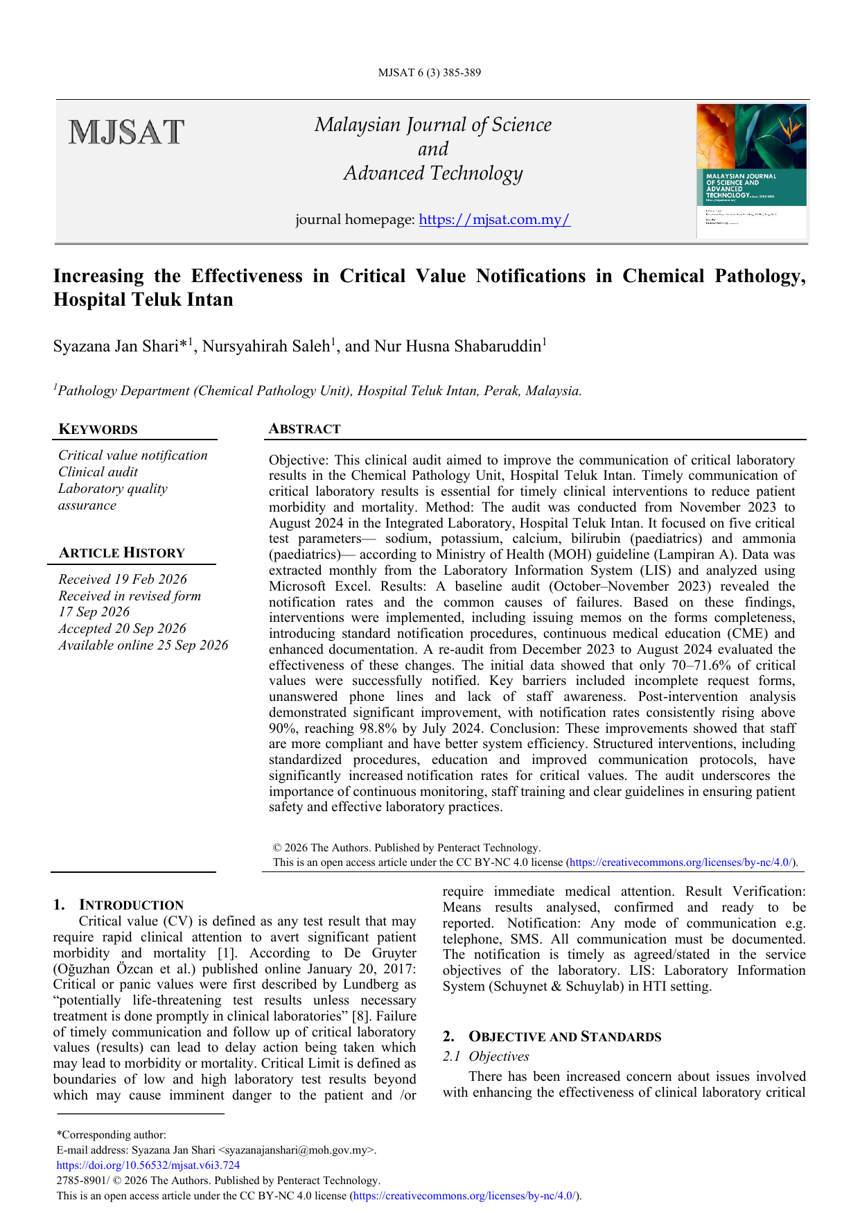 Increasing the Effectiveness in Critical Value Notifications in Chemical Pathology, Hospital Teluk Intan