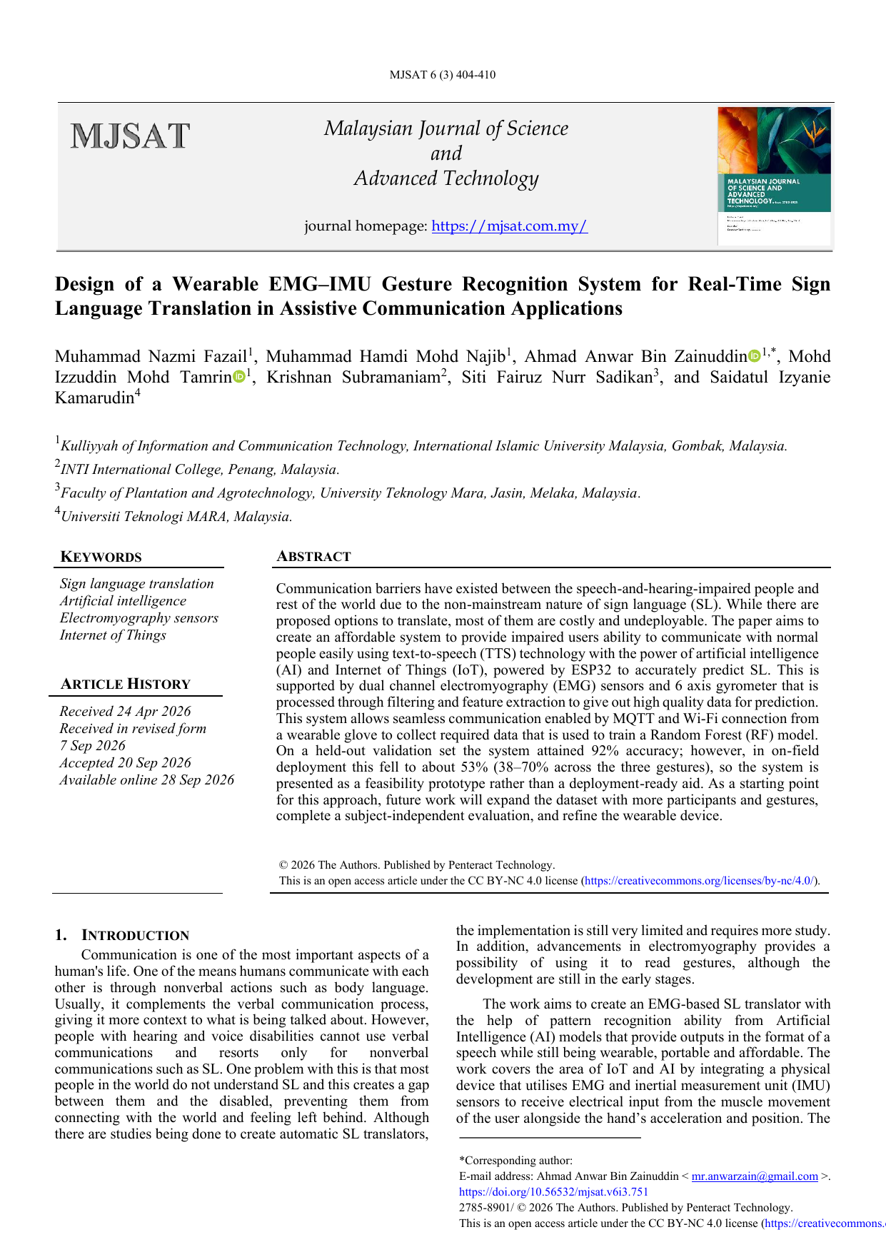 Design of a Wearable EMG-IMU Gesture Recognition System for Real-Time Sign Language Translation in Assistive Communication Applications