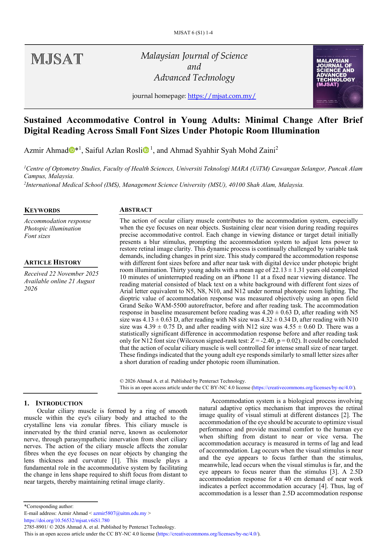 Sustained Accommodative Control in Young Adults: Minimal Change After Brief Digital Reading Across Small Font Sizes Under Photopic Room Illumination