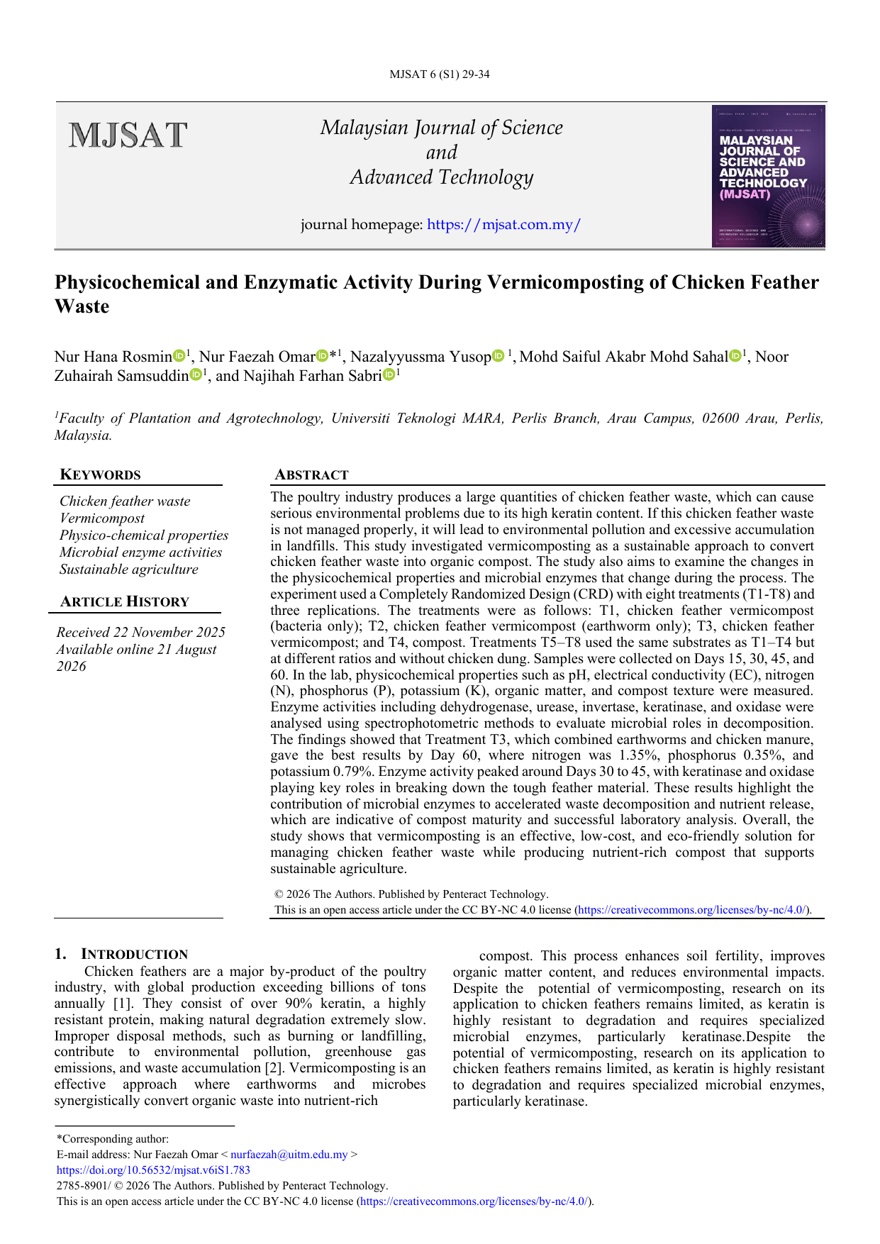 Physicochemical and Enzymatic Activity During Vermicomposting of Chicken Feather Waste