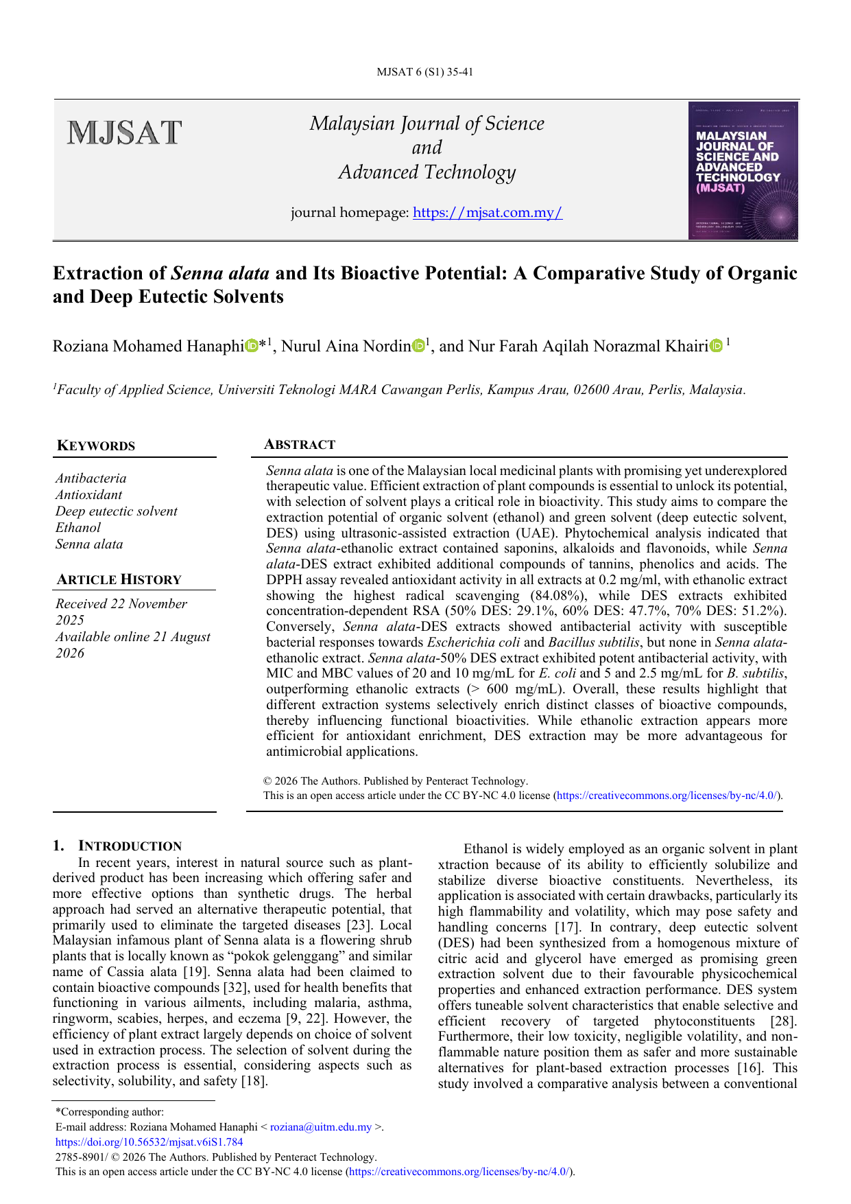 Extraction of Senna alata and Its Bioactive Potential: A Comparative Study of Organic and Deep Eutectic Solvents