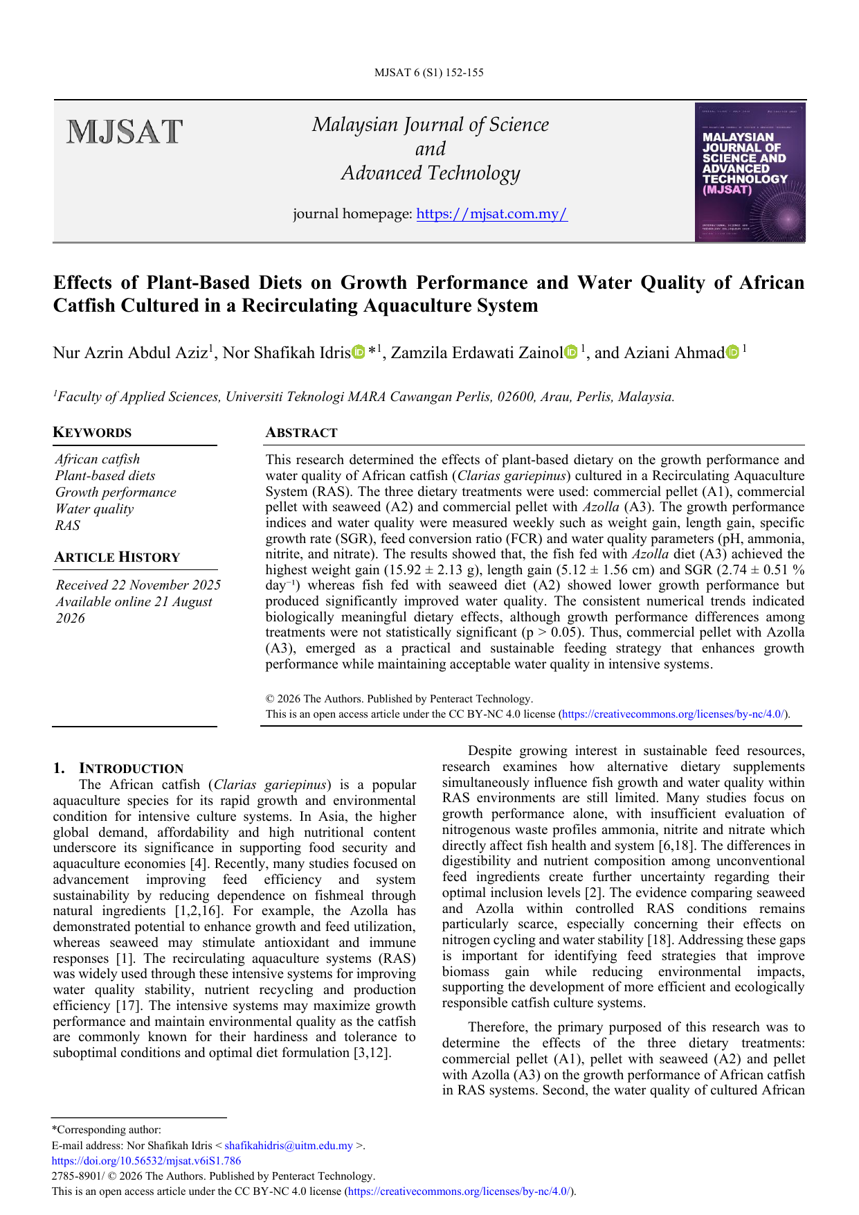 Effects of Plant-Based Diets on Growth Performance and Water Quality of African Catfish Cultured in a Recirculating Aquaculture System