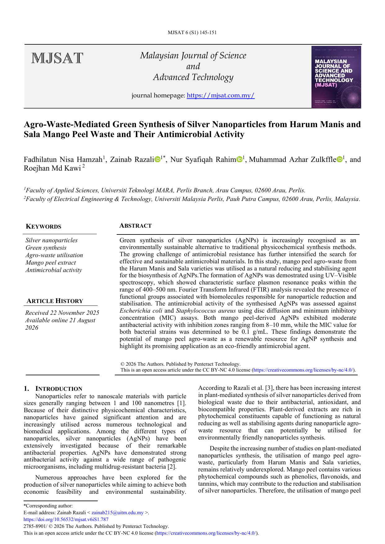 Agro-Waste-Mediated Green Synthesis of Silver Nanoparticles from Harum Manis and Sala Mango Peel Waste and Their Antimicrobial Activity