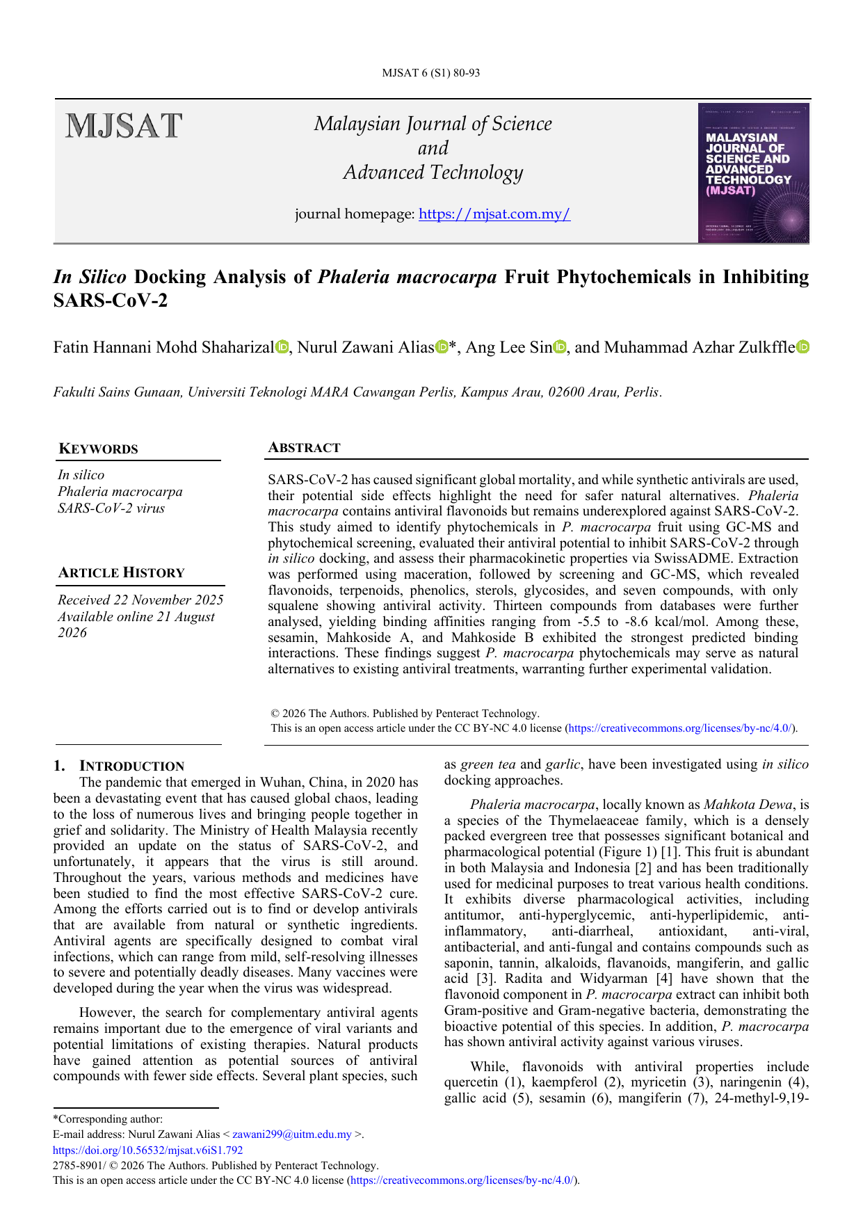 In Silico Docking Analysis of Phaleria macrocarpa Fruit Phytochemicals in Inhibiting SARS-CoV-2