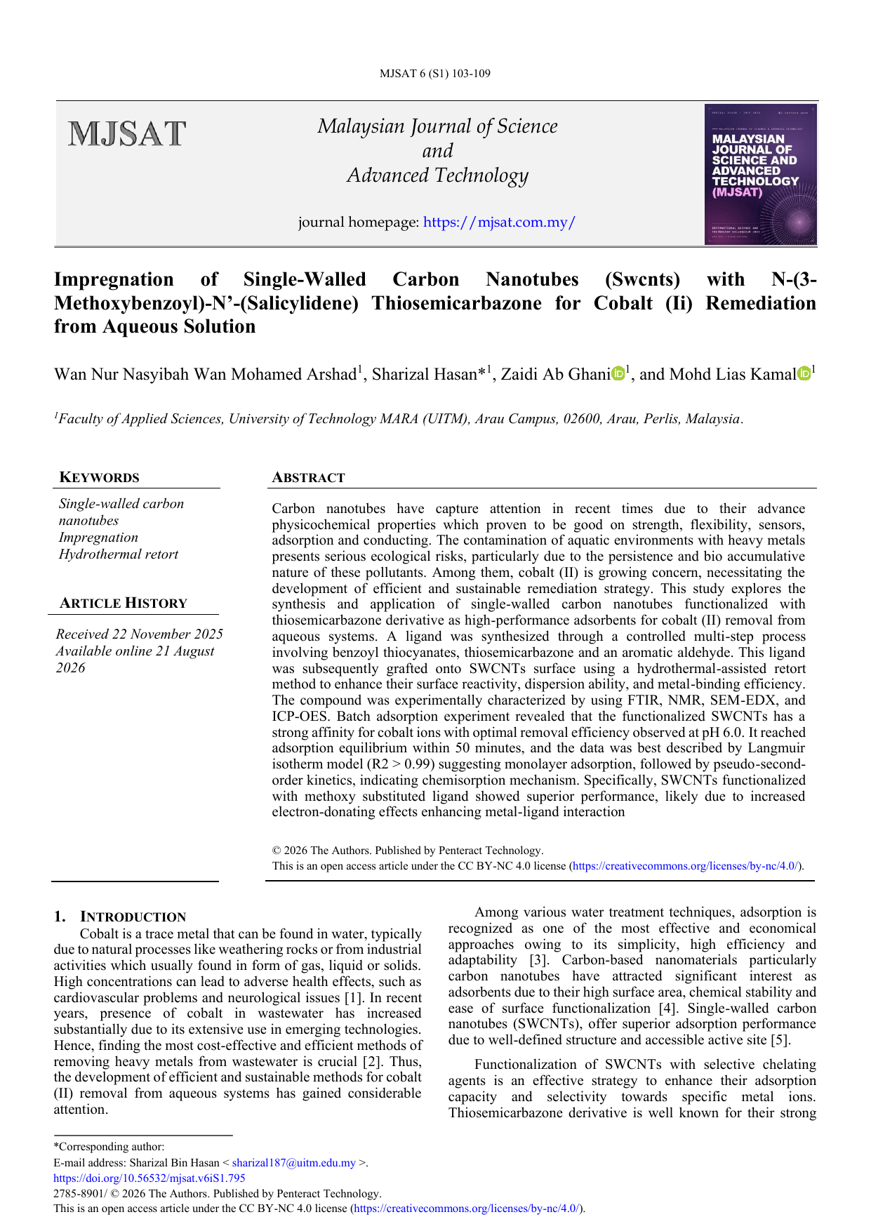 Impregnation of Single-Walled Carbon Nanotubes (Swcnts) with N-(3-Methoxybenzoyl)-N'-(Salicylidene) Thiosemicarbazone for Cobalt (II) Remediation from Aqueous Solution