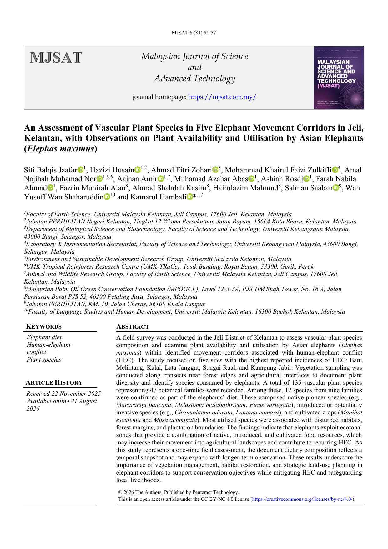 An Assessment of Vascular Plant Species in Five Elephant Movement Corridors in Jeli, Kelantan, with Observations on Plant Availability and Utilisation by Asian Elephants (Elephas maximus)