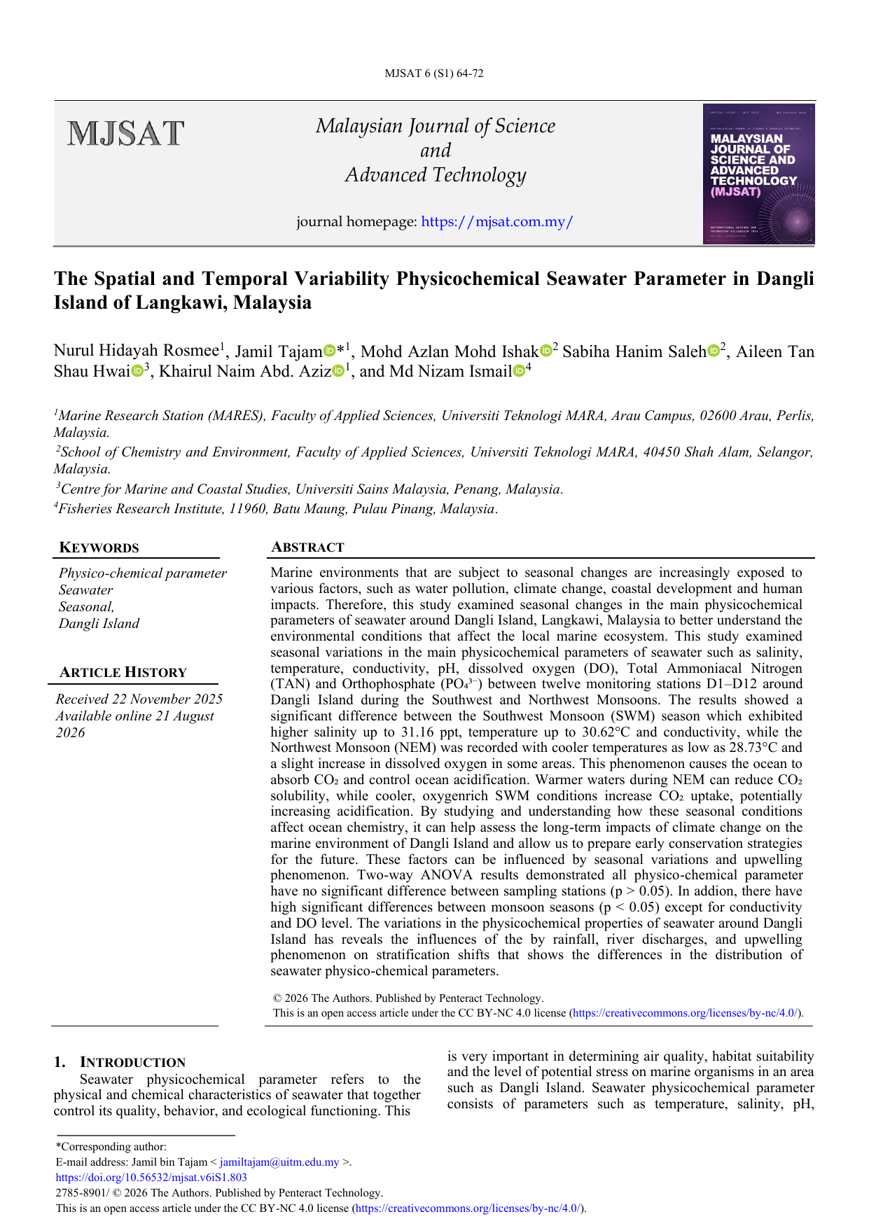 The Spatial and Temporal Variability Physicochemical Seawater Parameter in Dangli Island of Langkawi, Malaysia