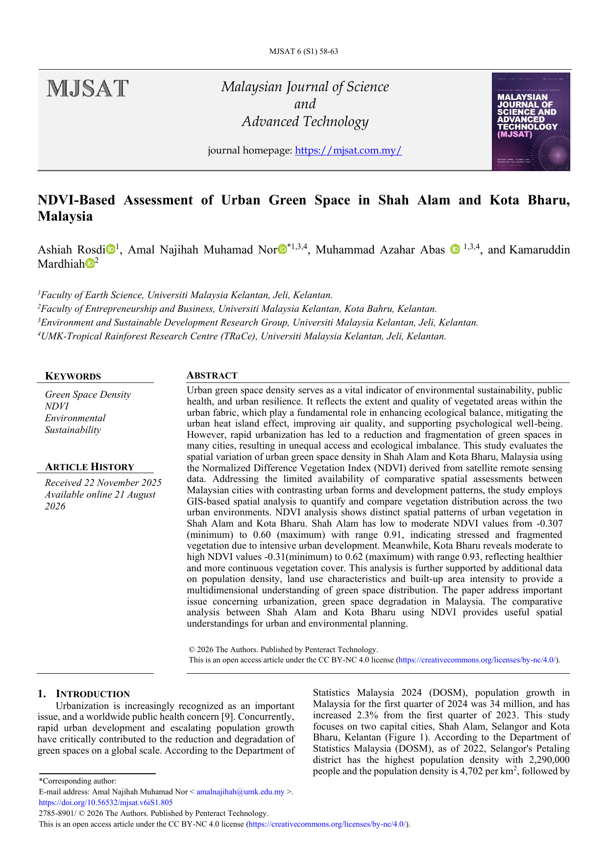 NDVI-Based Assessment of Urban Green Space in Shah Alam and Kota Bharu, Malaysia
