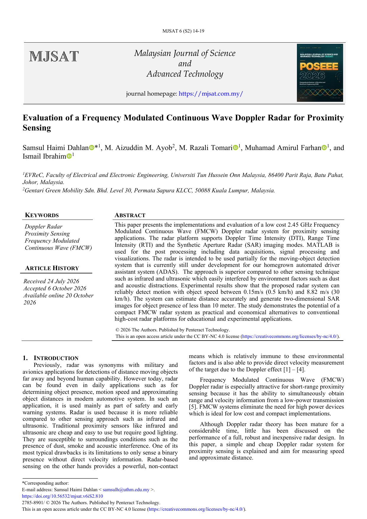 Evaluation of a Frequency Modulated Continuous Wave Doppler Radar for Proximity Sensing