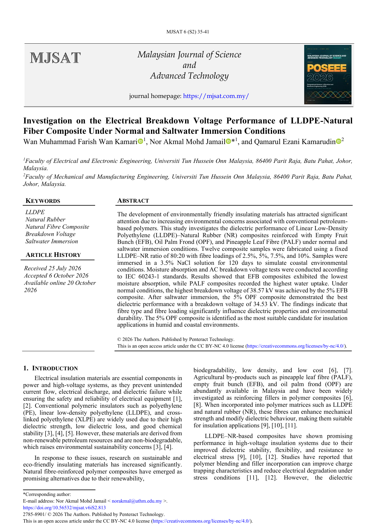 Investigation on the Electrical Breakdown Voltage Performance of LLDPE-Natural Fiber Composite Under Normal and Saltwater Immersion Conditions