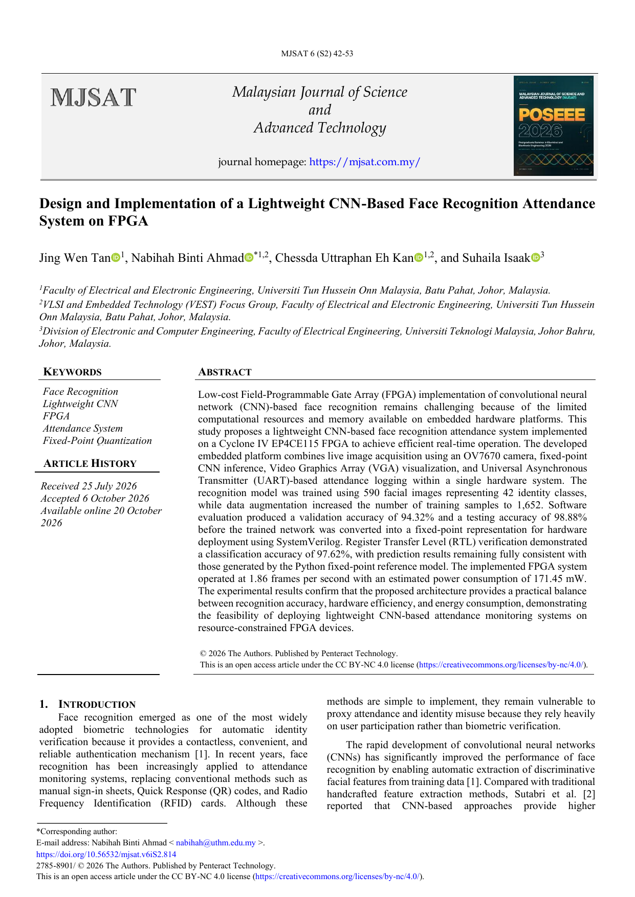 Design and Implementation of a Lightweight CNN-Based Face Recognition Attendance System on FPGA