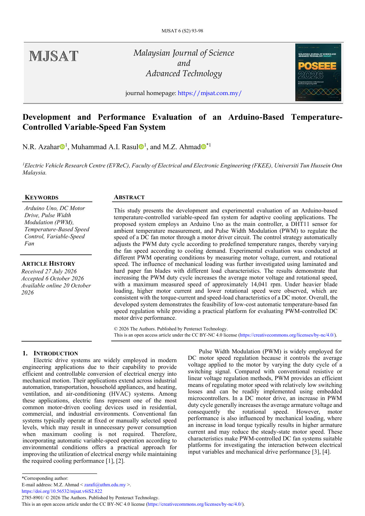 Development and Performance Evaluation of an Arduino-Based Temperature-Controlled Variable-Speed Fan System